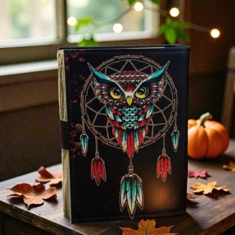 Handmade Leather Owl Dreamcatcher Journal | 5x7" Vintage Notebook | 200 Deckle Edge Pages | Witchy Boho Diary with Lock | Spiritual Writing Book