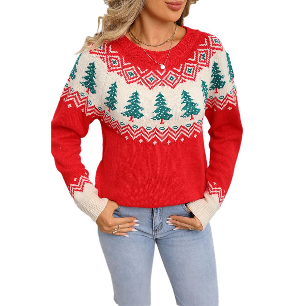 Jacquard Women's Christmas Tree Pullover Knitted Christmas Sweater Casual Loose Long-sleeved Top