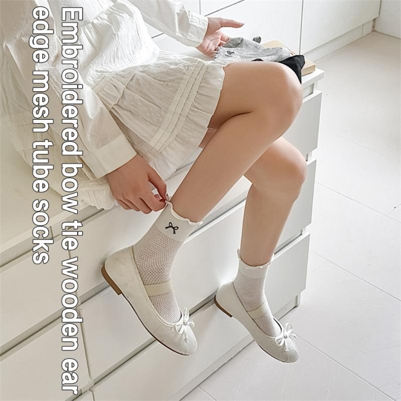 Elegant Embroidered Bowknot Mesh Middle Calf Socks Comfortable Stretch Cotton Solid Ruffle Frilly Ankle Socks for Women