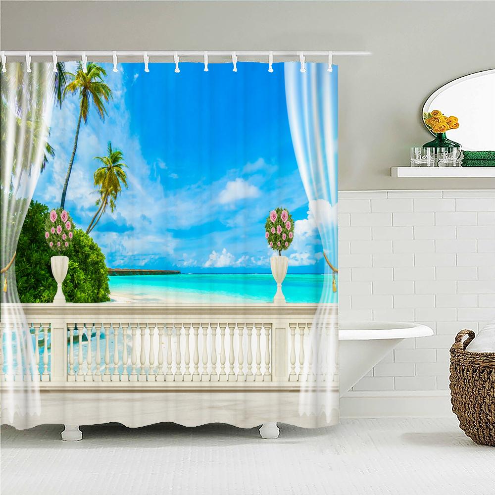 Outside the Window Seaside Scenic Beach Shower Curtains Bathroom Curtain Frabic Waterproof Bath Curtains for Bathroom 180x180cm