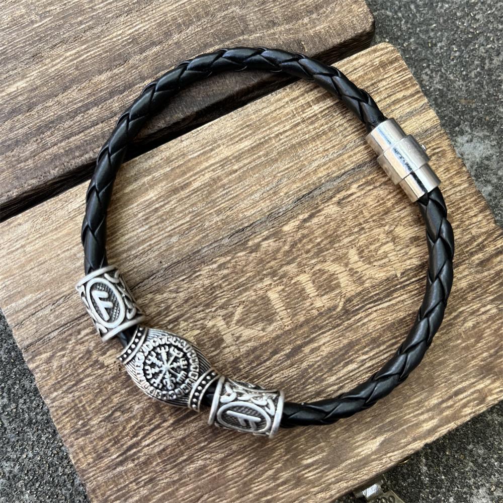 Norse Runes Beads Viking Leather Magnetic Bracelet For Men Women Adjustable Unisex Accessories