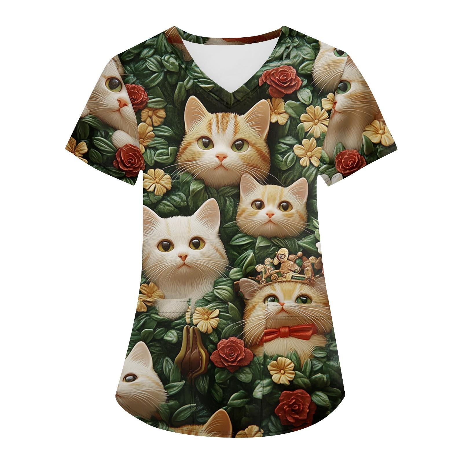 

Женская мода с v-образным вырезом, короткими рукавами и карманами, топы с принтом XXL шафрановый