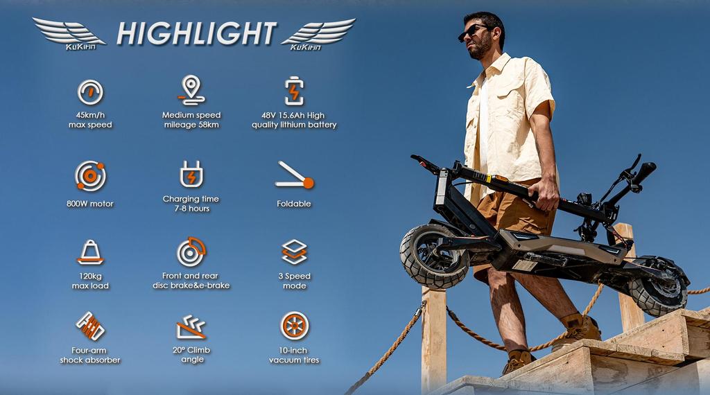 Patinete eléctrico plegable KuKirin T3, motor de 800W, batería de 48V 15.6Ah, velocidad máxima 45km/h, autonomía 58km, neumáticos de 10 pulgadas + 4 Regalos