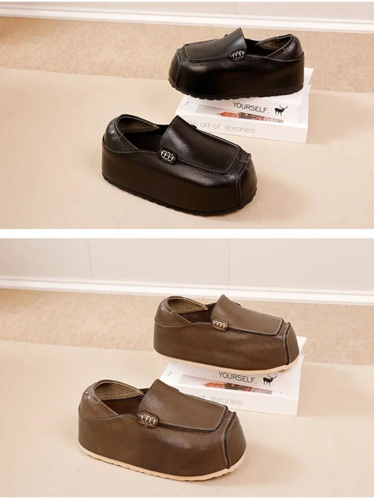 Johnature Genuine Leather Invisible Height Increasing Shoes Retro Handmade Flat Platform Shoes