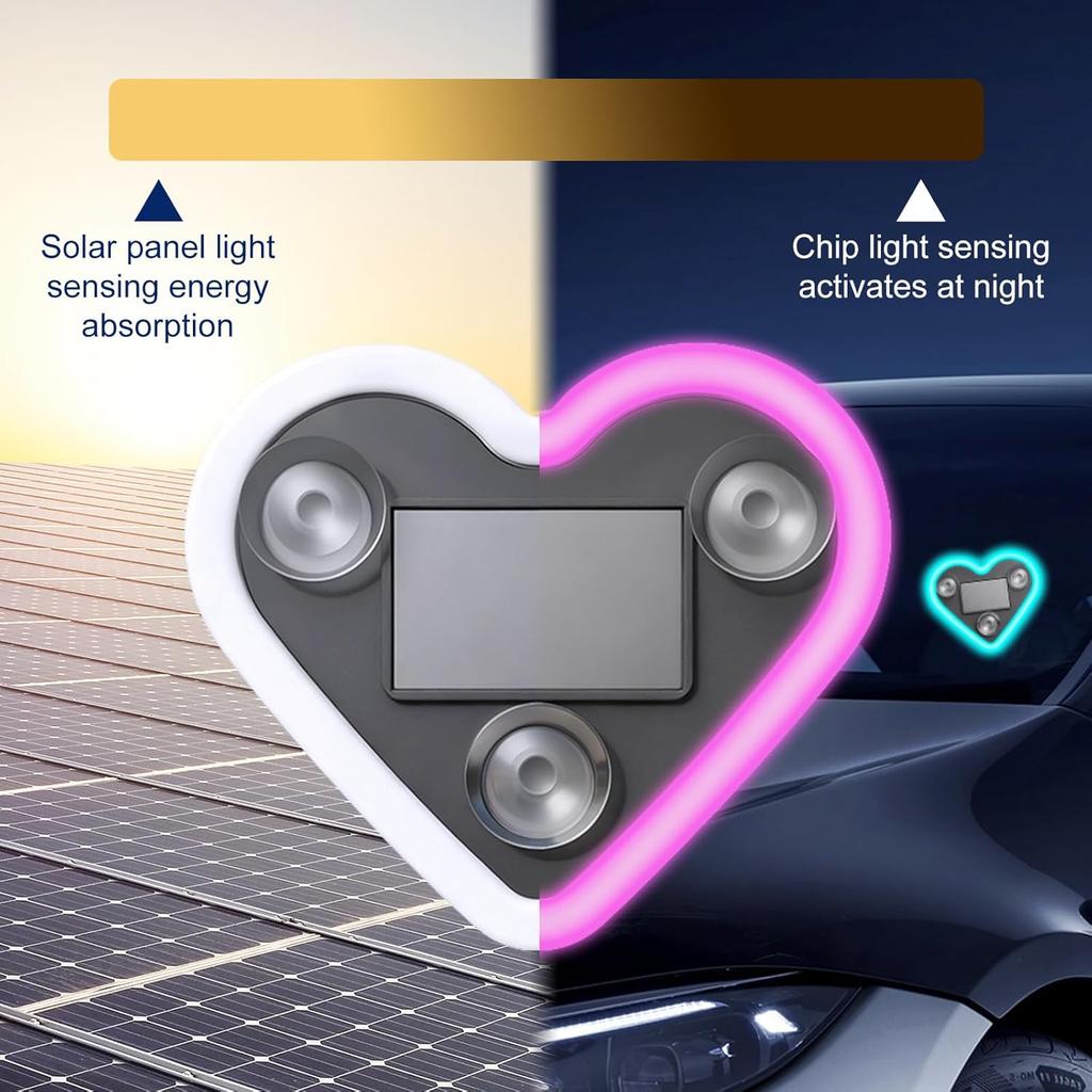 2Pcs Car LED Ambient Light-Solar-Powered Heart-Shaped LED Neon Light, Solar-Powered Heart-Shaped Atmosphere Light with 3 Modes,IP65 Waterproof