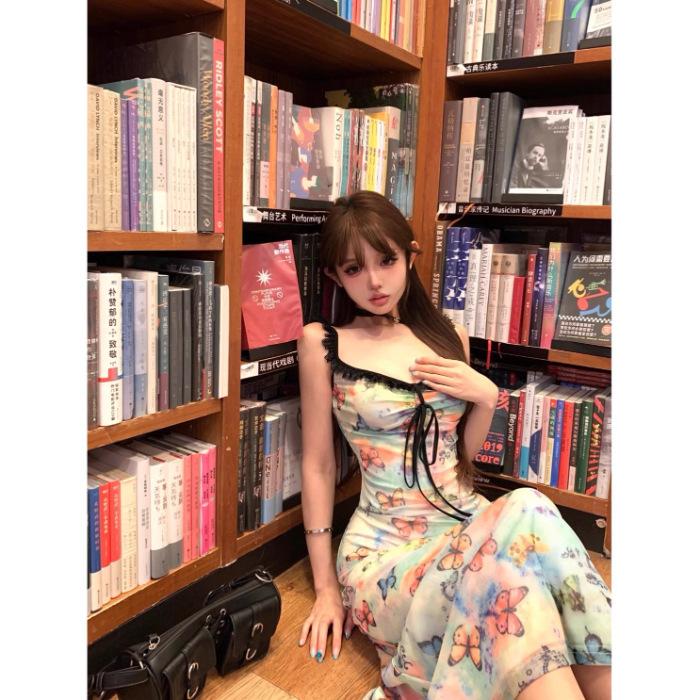 

Pure desire wind butterfly lace suspender dress women s summer fishing dating dress French waist hip skirt long dress S