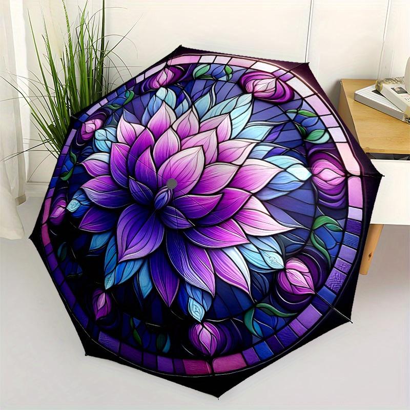 1pc Lotus StainedGlass Compact Travel Umbrella, Automatic Folding Lightweight Windproof 8-Bone Reinforced Design, Portable for Backpack Dura