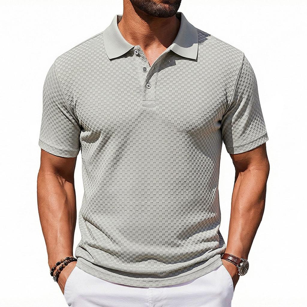 Men's Short Sleeve Polo Shirt with Textured Pattern Classic Fit Button Down Collar Lightweight Casual Top