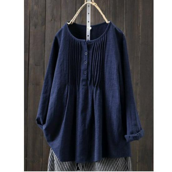 2025 Korean Style Loose Pleated Long-Sleeve Retro Cotton Linen Shirt for Women