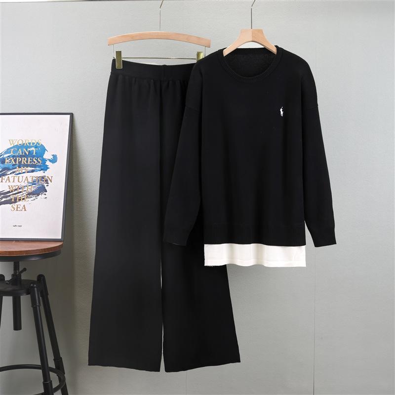 Autumn Women's Plus Size Fashion Casual Set Round Neck Loose Sweatshirt Wide Leg Pants Suit