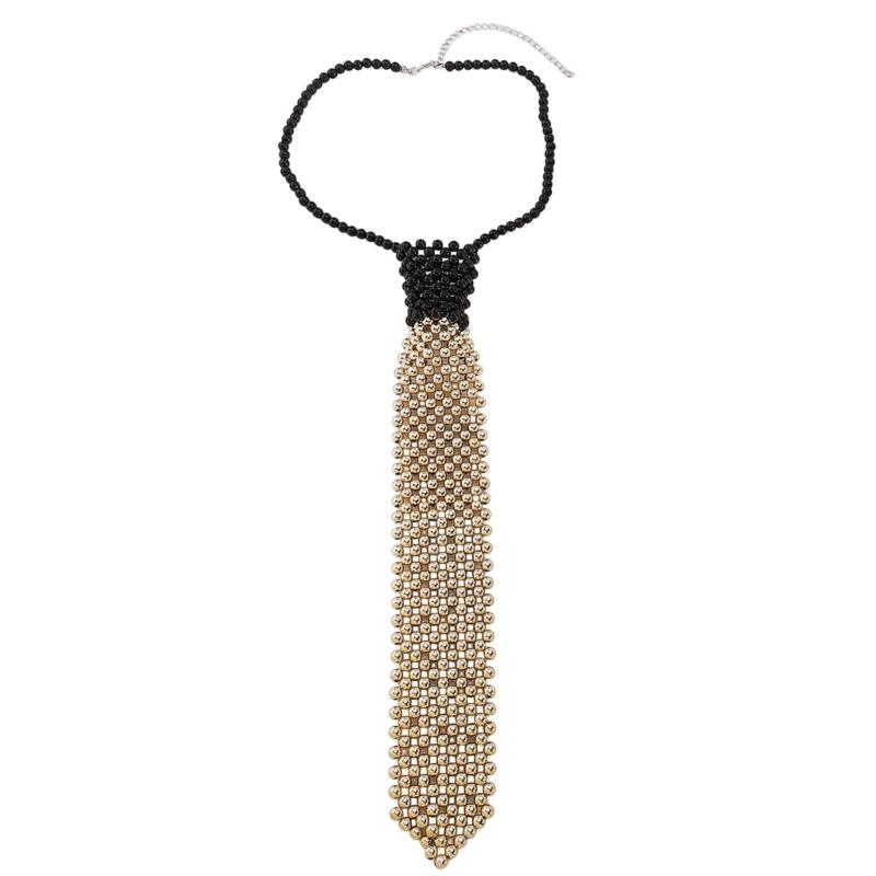 Elegant Tie Necklace with Sparkling Pearls for Formal Occasion Uniform Tie Punk Jeweled Necktie