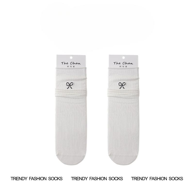 

Женские бесшовные хлопковые носки до середины икры для весны и осени, носки-пиле с вышивкой в виде бантиков в стиле лолита, зимние носки из длинноволокнистого хлопка 1 pair белый