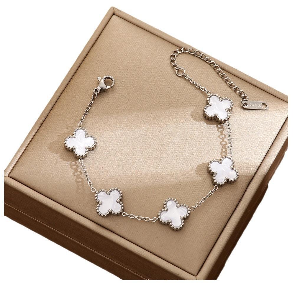 Steel-colored Four-leaf Flower Bracelet 13MM Titanium Steel Chain Four-leaf Clover Double-sided Non-fading OL Mother-of-pearl Exquisite Bracelet