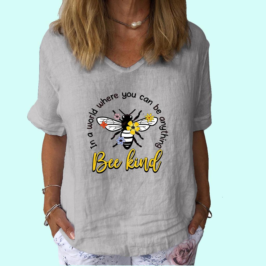 Women Fashion V Neck Short Sleeve Top Summer Casual Cotton Linen Shirt Ladies Print T-shirt