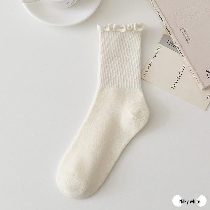Lace-Edged Mid-Calf Socks: Four-Season Japanese-Style Solid Color Pile and Knee-High.