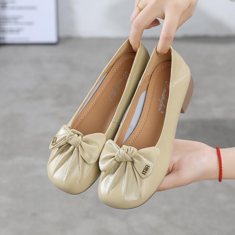 Fashionable Single Shoes for Women with Genuine Leather Bows 24 Summer New Style Light Mouth Round Head One Foot Low Heel Versatile Large