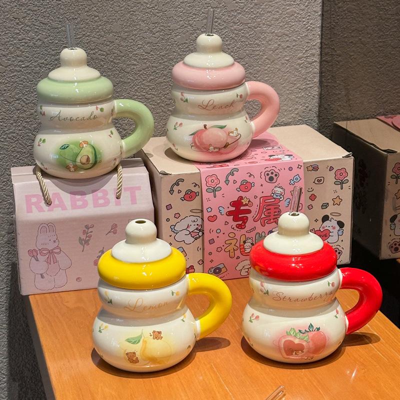 Super cute strawberry straw drinking cup for girls' birthday cup ceramic mug with lid girlfriend souvenir gift