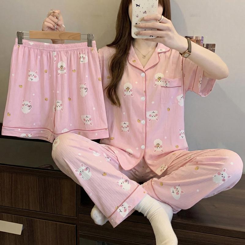Women's Summer High-Quality Crinkle Fabric Heart Pajama Set - Short Sleeve Three-Piece Loungewear for Indoors or Outdoors