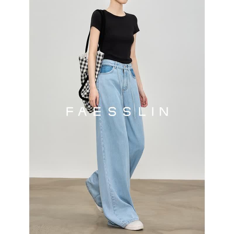 FAESSLIN Women s High-Waist Light Blue Tencel Wide-Leg Jeans S