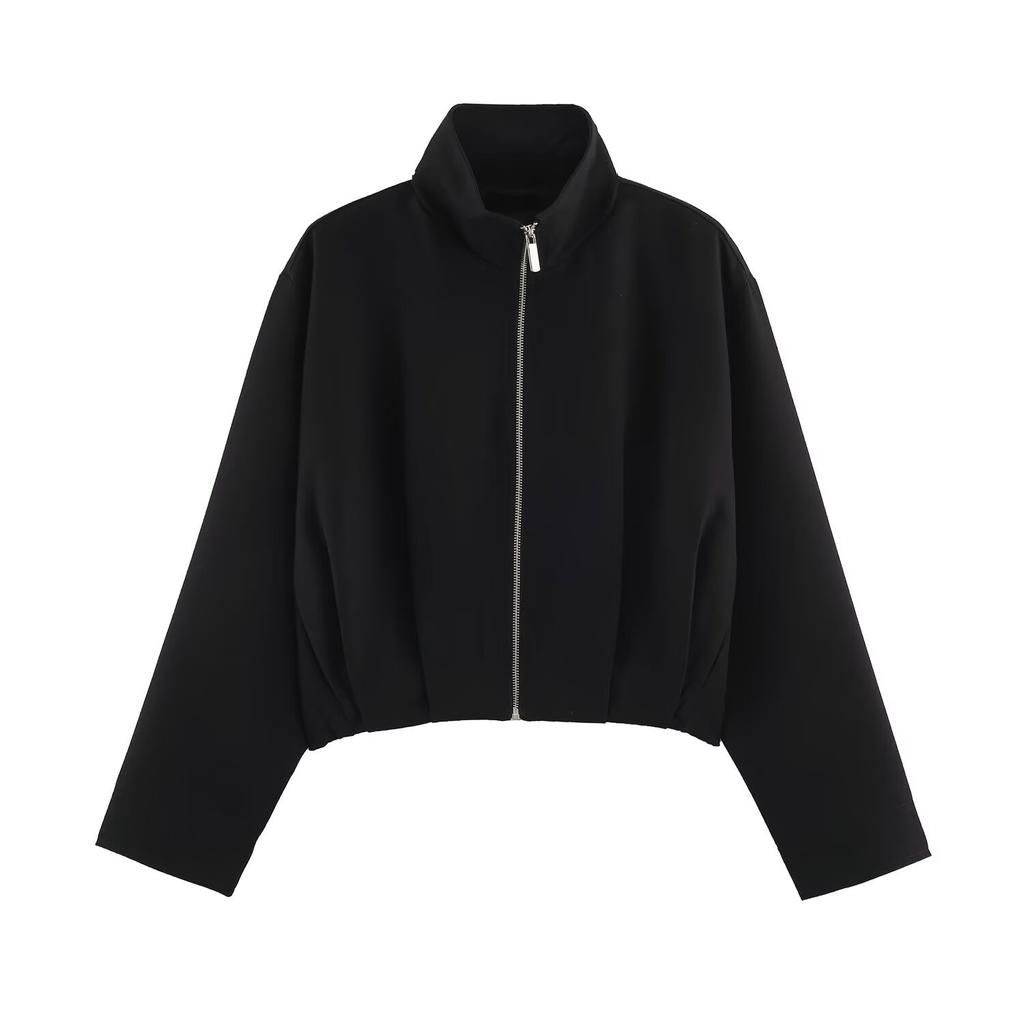Women High Neck Long Sleeve Zip Pilot Short Jacket