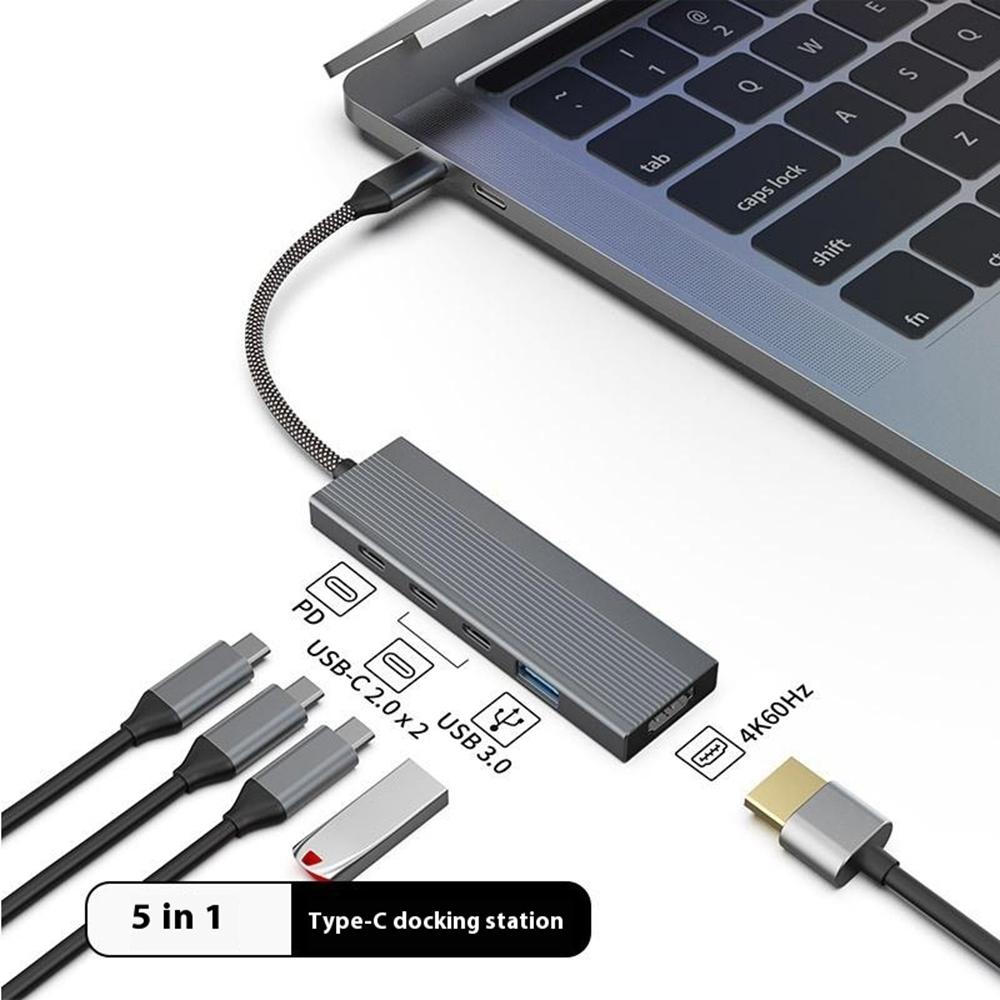 

5-in-1 Docking Station Type-C Hub with 4K 60Hz HD+2x USB-C+USB 3.0+PD Charging Port As Shown A