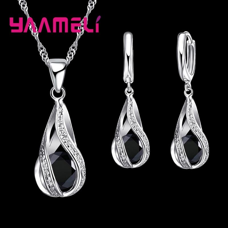 Wassertropfen Zirkonia 925 Silber Plated Schmuckset Für Damen Anhänger Halskette Creolen Hochzeitsparty Zeremonie Ring