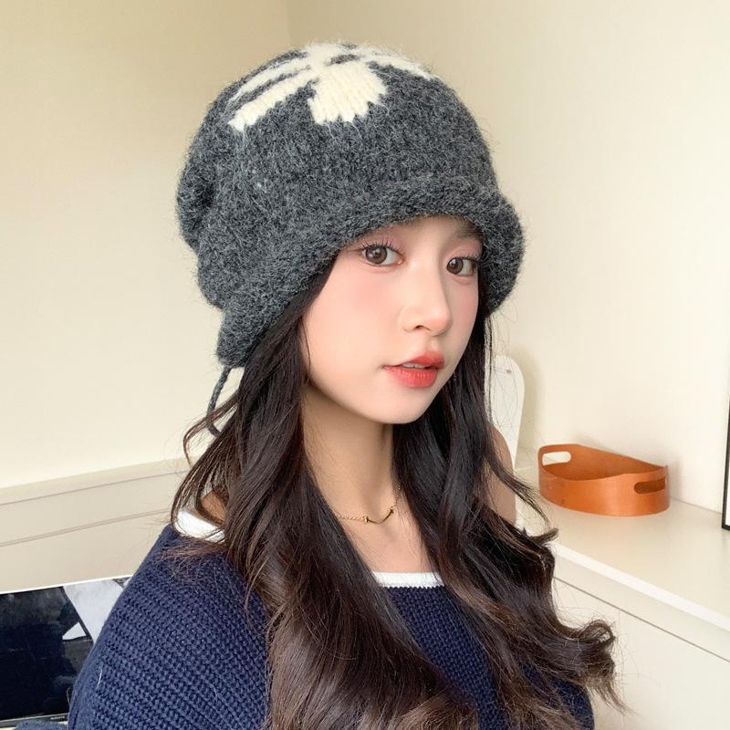 Korean Cute Flower Knitted Wool Hat for Women In Autumn and Winter Versatile Windproof and Warm Pile Hat Big Head Cold Hat