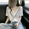 Half-open Neck Button Solid Color Short-sleeved T-shirt Women's Summer Korean Version Loose Lazy Style Loose Half-sleeved Versatile Top