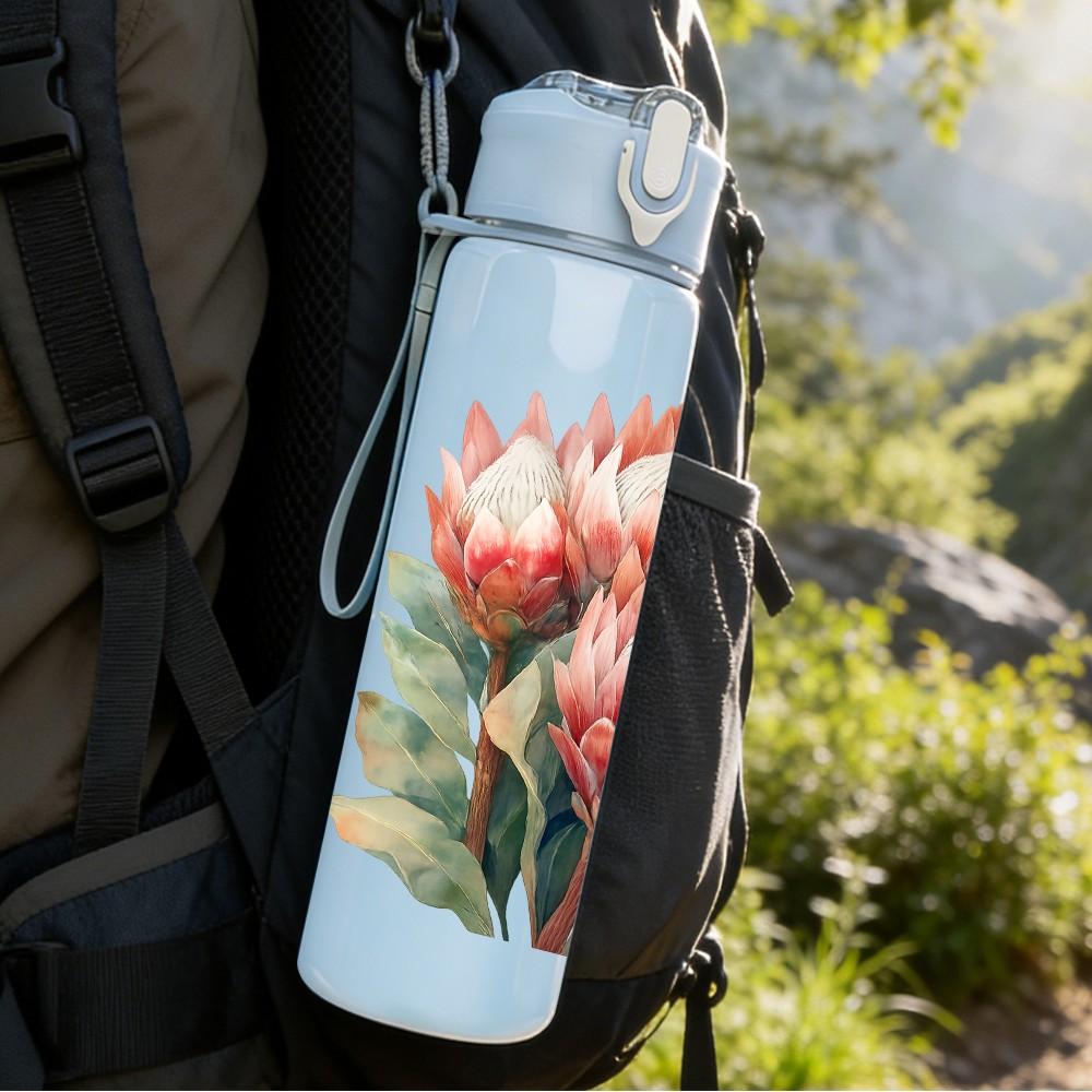 1PC Pink Protea Wild Flower Bloom 750ml Color Plastic Sports Water Bottle Leakproof Flip Straw Lid For Sports Office Home Use