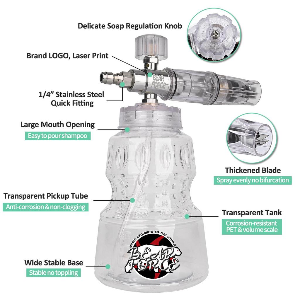BEAR FORCE Transparent Pressure Washer Gun Kit for Car Cleaning with 1/4” Quick Plug Foam Cannon 1L & 5 Tips & Hose Connector