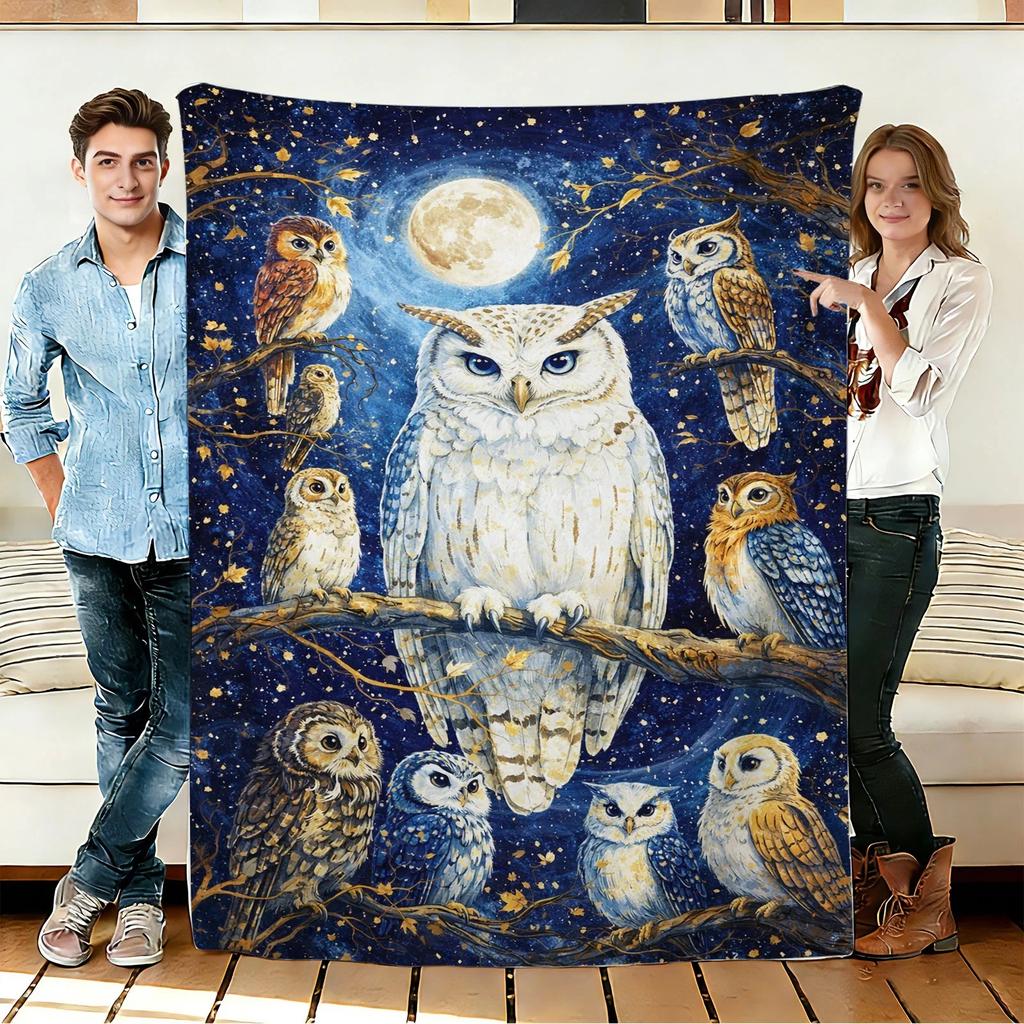 Owl and Moon Flannel Blanket Soft Cozy Throws Napping Travel Use
