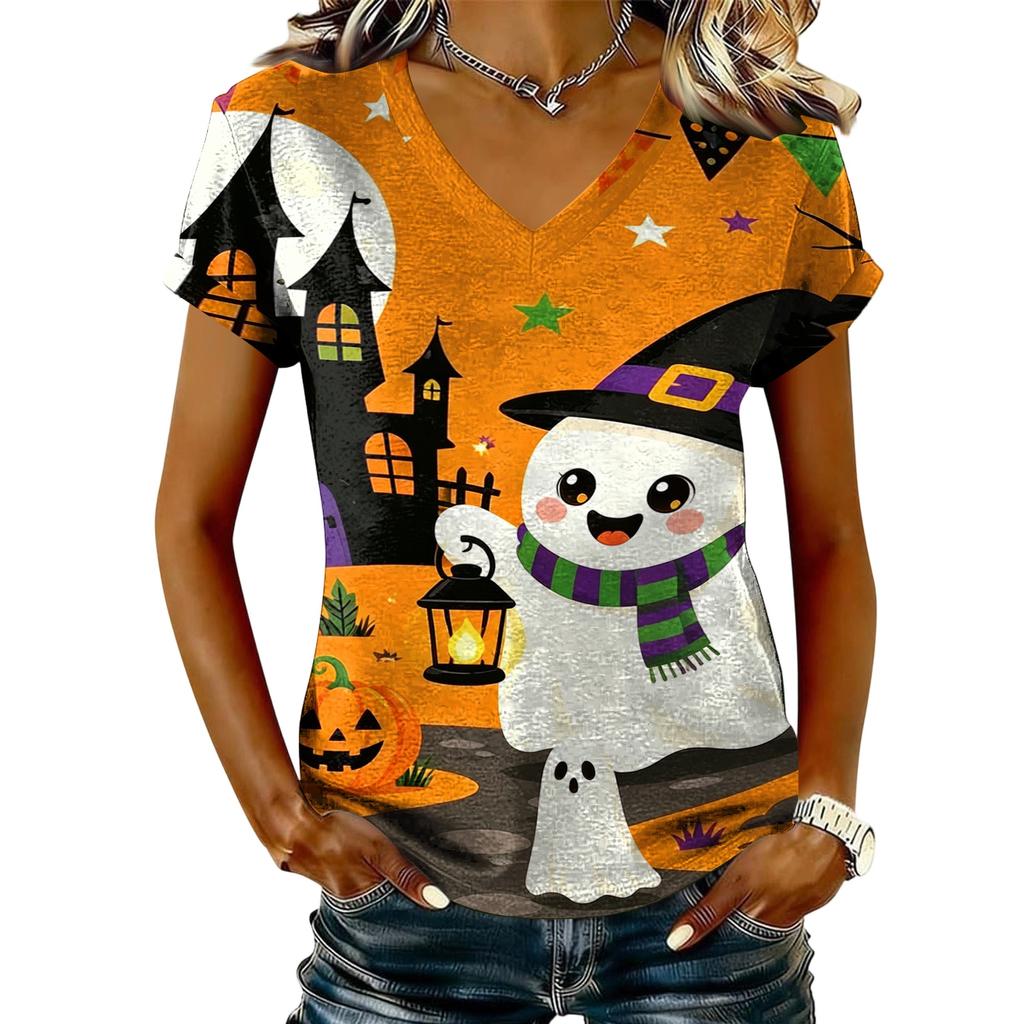 Women's V-Neck Short Sleeve T-Shirt Casual Pullover with Halloween Print Top