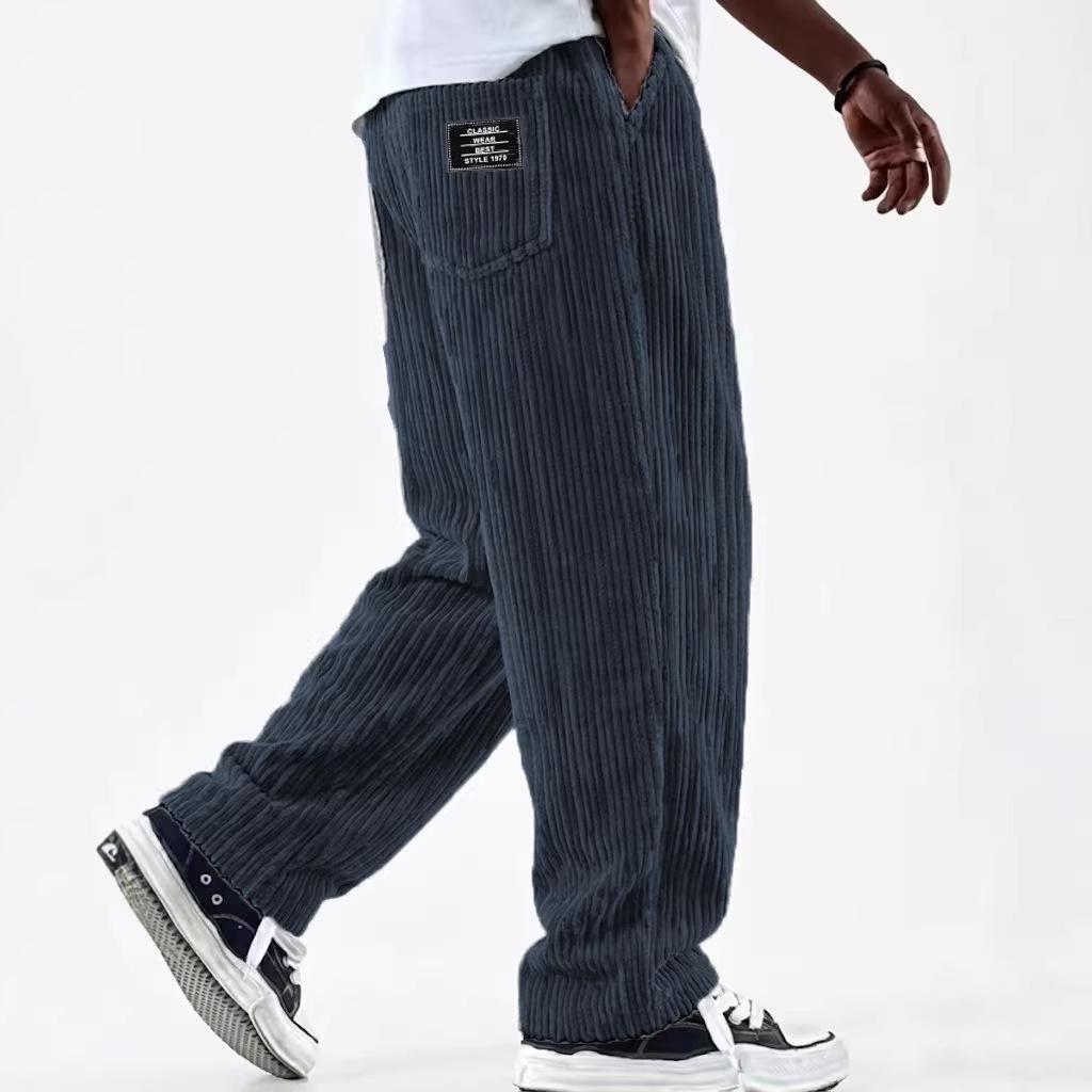 European & American Men's Wide Corduroy Logo Pocket Casual Loose Straight-Leg Pants 2026