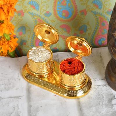 Golden Metal Kumkum Holder/Kumkum Box for Gifting,Pooja, Thali, Mandir, Home, Temple, Gifting Golden Kumkum Box with Laxmi Maa (Round Kumkum)