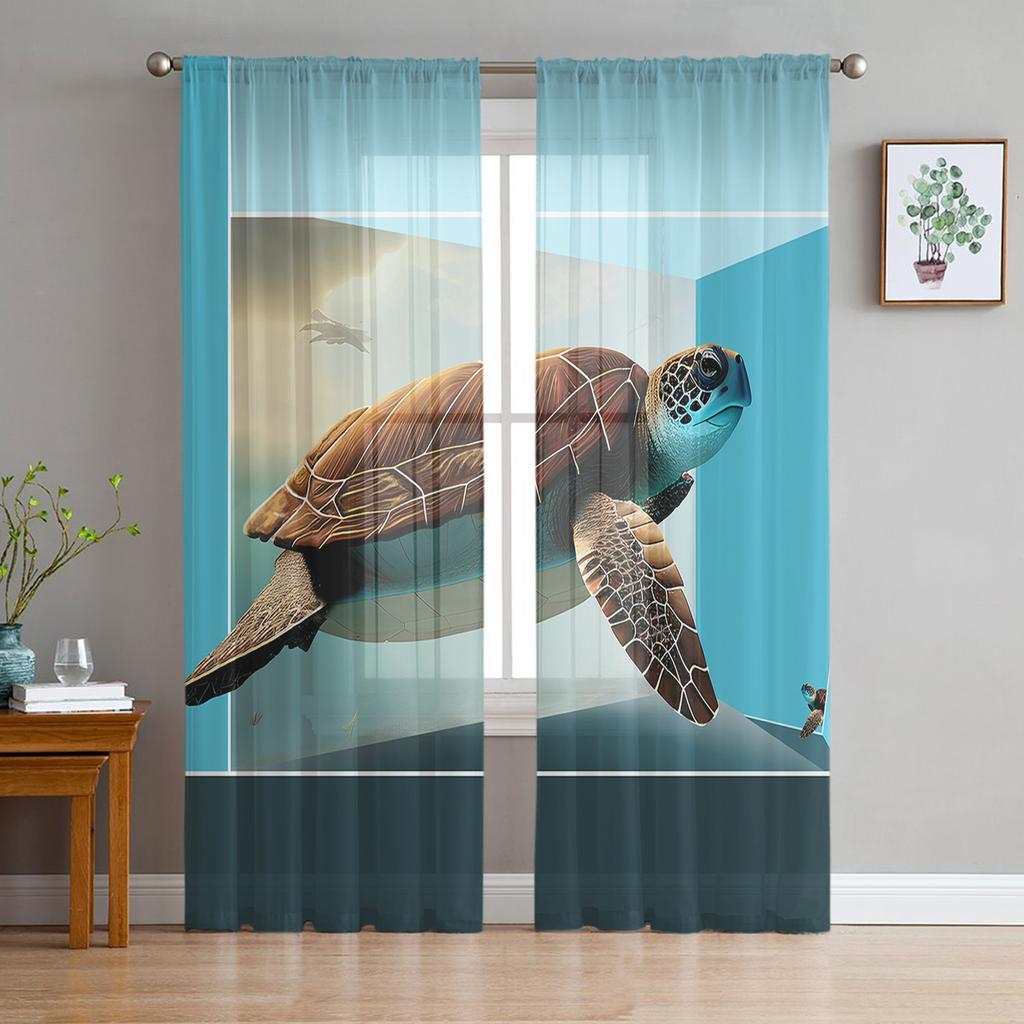 Blue Ocean Green Turtle Tulle Curtains For Living Room Bedroom Decoration Sheer Voile Window Curtains Party Drapes Panels
