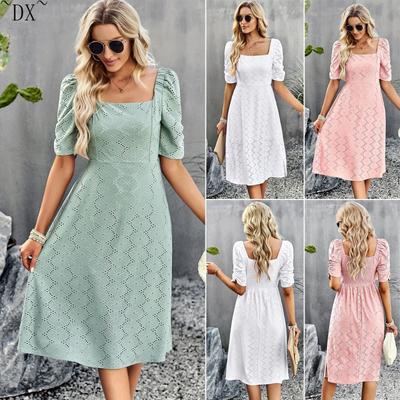 DX~~ Solid Color Square Collar Dress Elegant Short Sleeve Dress In Summer.