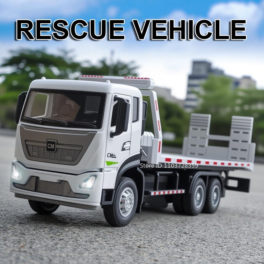 1:32 Road Rescue Engineering Vehicle Model Toy Metal Diecast Platform Trailers Sound Light Doors Opened Pull Back for Boys Gifts