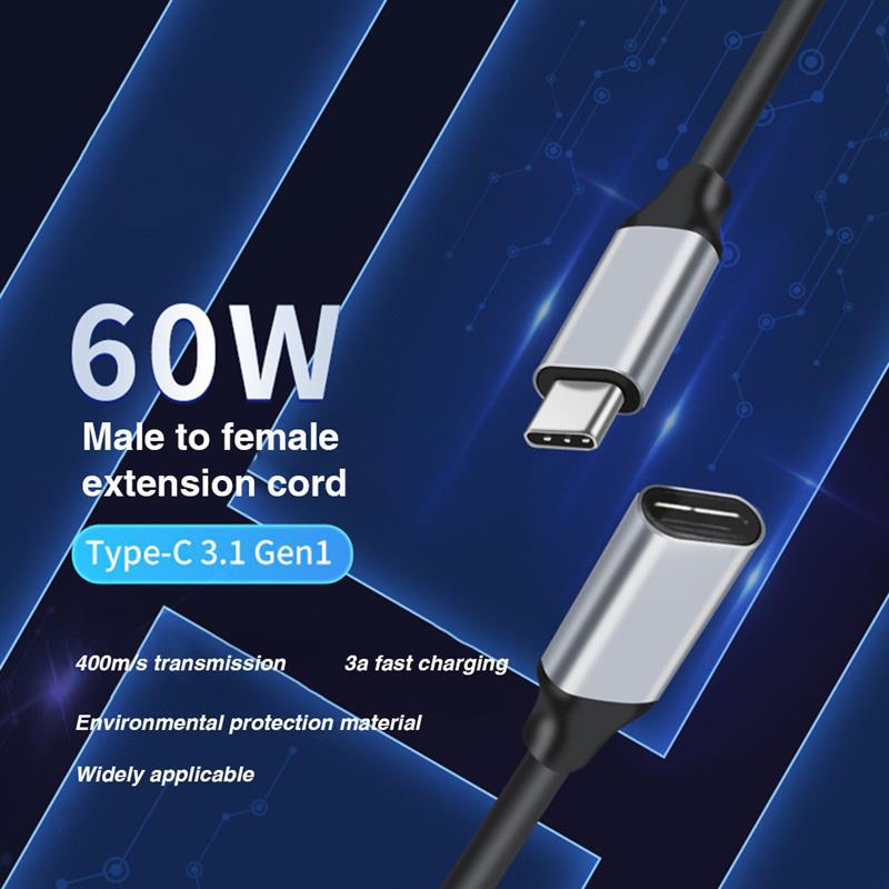 

1m USB-C Type-C Male to Female 3.1 Gen1 Extension Cable 400M/s 3A PD 60W Fast Charging Cord 4K HD Sync Data Cable As Shown A