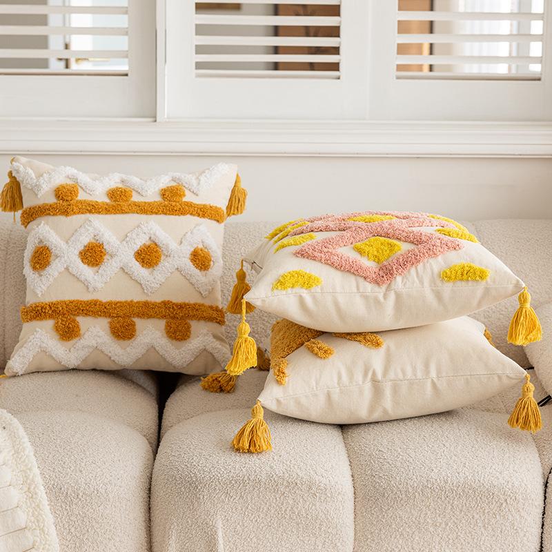 New Sofa Tufted Lumbar Pillow Cushion Pillow Three-dimensional Embroidered Tassel Bedroom Tatami Decorative Pillow Case