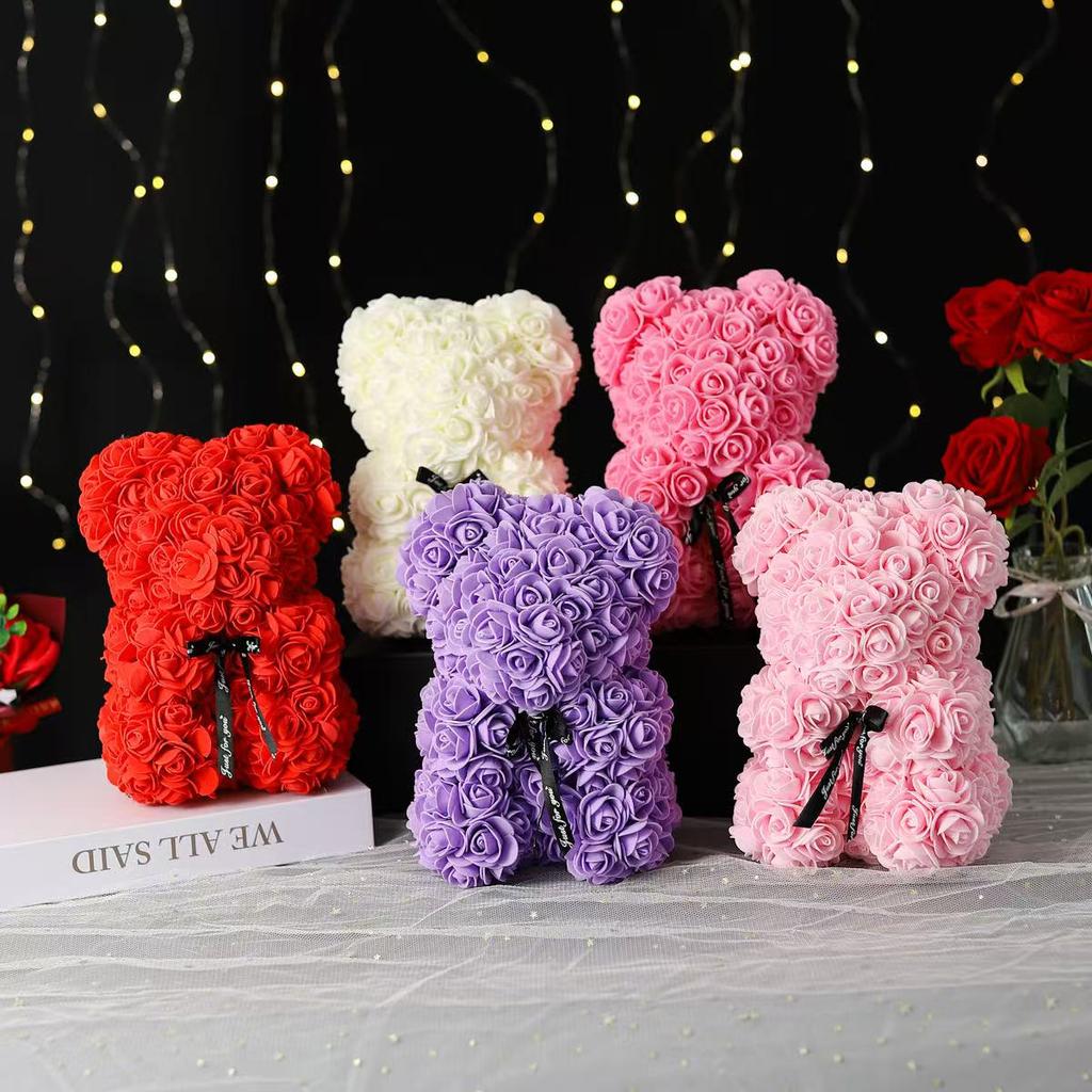 Orso di Fiori di Rosa Teddy Artificiale da 25 cm con Scatola Regalo Romantico di San Valentino Fidanzata Donne Anniversario Forniture per Feste di Matrimonio