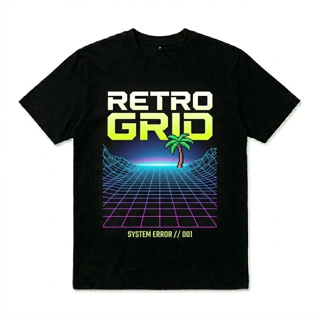 Retro Grid Synthwave T-Shirt - 80s Aesthetic Vaporwave Palm Tree Tee - Cyberpunk M