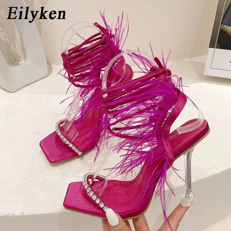 Fashion Eilyken Street Style Square Toe Woman Sandals Fashion Crystal Lace-up Transparent Perspex High Heels Shoes Party Dress Pumps