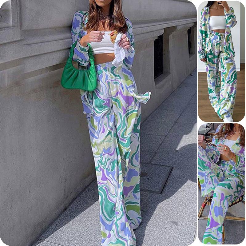 2026 Spring European & American Floral Print Long Sleeve Shirt and Loose Pants Fashion Set