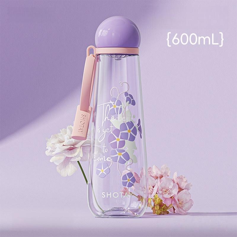 SHOTAY  400/600ml Plastic Water Cup Flower Pattern Water Bottle with Tea Strainer Leak-proof Brew Tea Cup Portable Office Cup