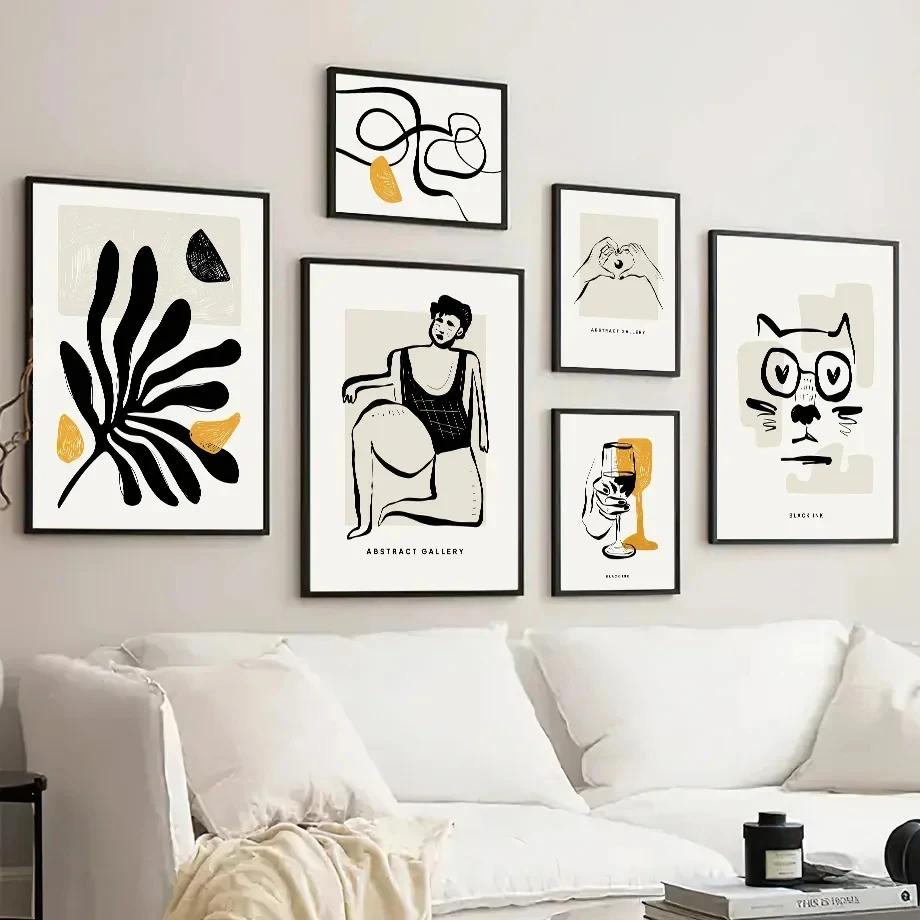 Schwarze Tinte Frau Linie Blätter Abstrakte Galerie Wand Kunst Leinwand Malerei Nordic Poster & Drucke Wand Bild Für Wohnzimmer Dekor