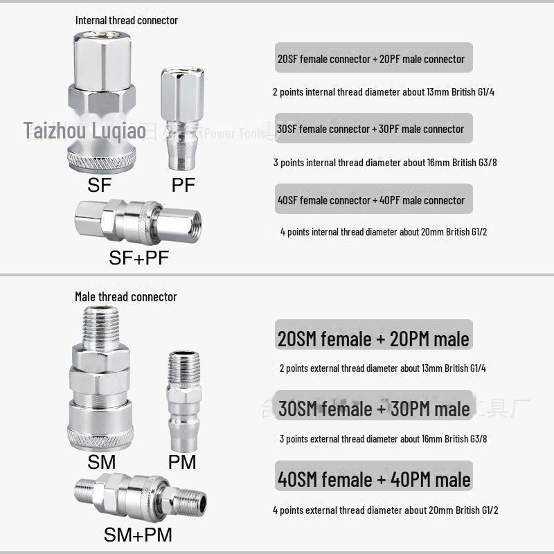 8mm Air Pipe Pneumatic C-Type Quick Connector with Long Tail, 4-Point External, 2-Point Internal Thread, Male & Female Heads