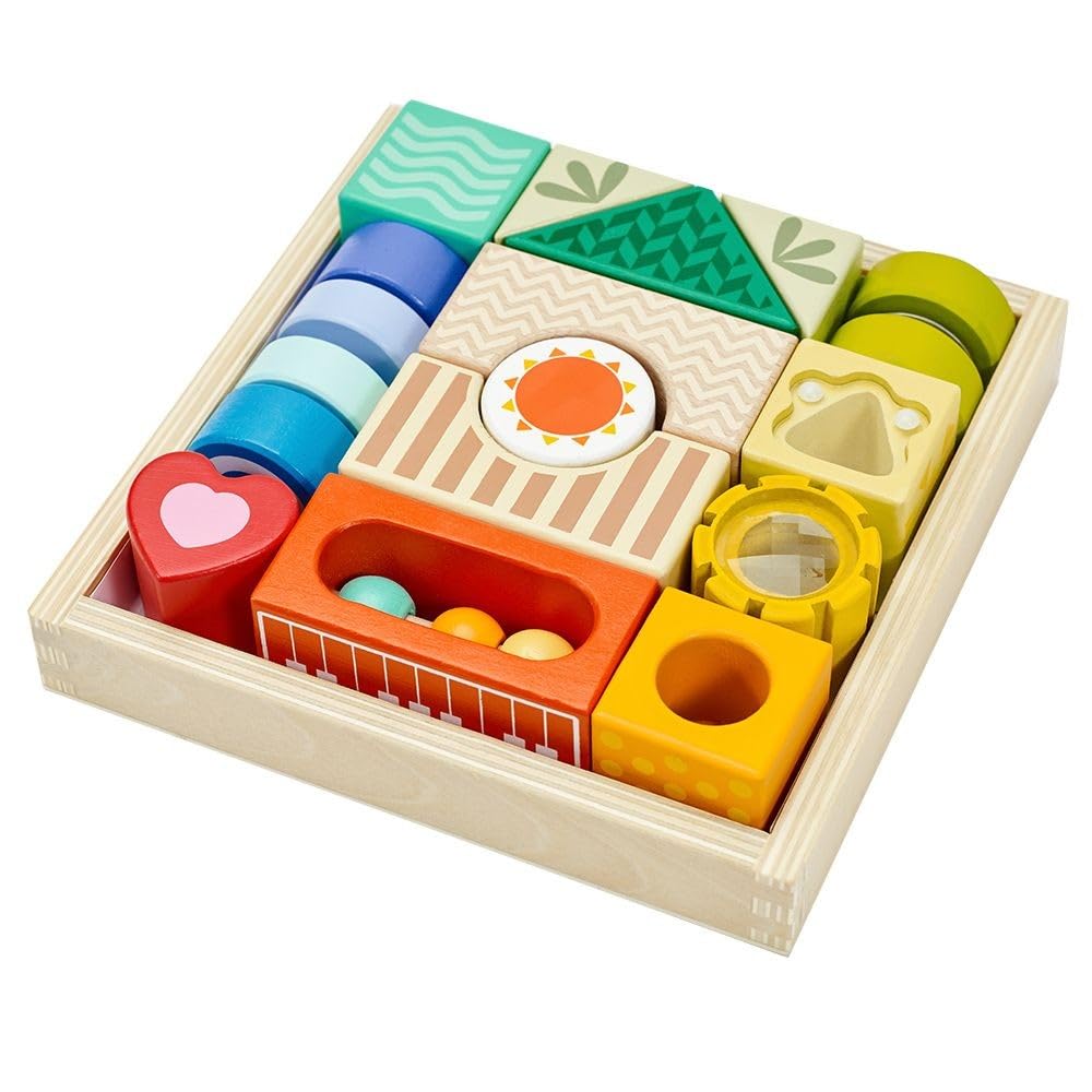 Classic World Exploration Blocks, Wooden Building Blocks with Sound and Mechanisms, Includes Rattle, Perfect for Half Birthdays, Girls, Boys, Babies
