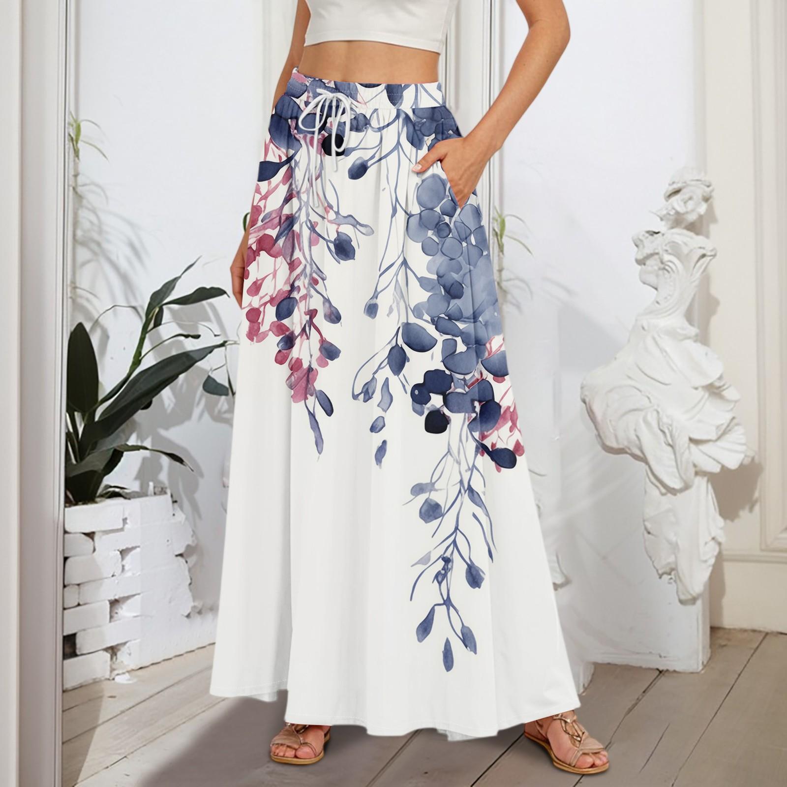 

Жіночі розкльошені жіночі спідниці-лінія з рюшами та довгі спідниці з еластичною талією Елегантні багаторівневі довгі спідниці в стилі бохо S білий