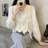 V-neck Drawstring Flavor Blouse Irregular Button Up Overshirts Long Sleeve Blouse Shirt  Female