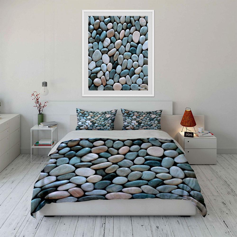Pebble Stone Print Bedding Set Natural River Rock Pattern Duvet Cover Pillowcases Neutral Earth Tone set for Minimalist Bedroom